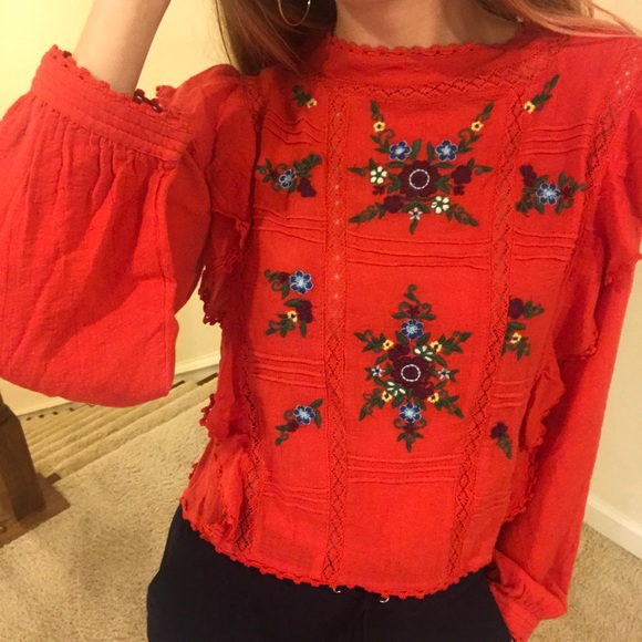 Free People Tops - 😍😍 Free People Red Embroidered Floral Blouse NWT